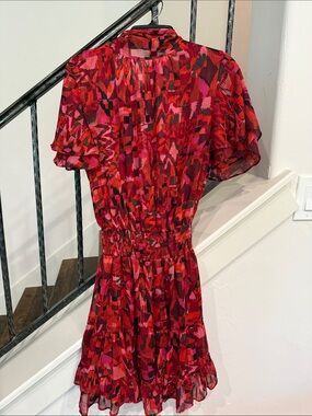 Misa Los Angeles Red and Pink Abstract Print Mini Dress